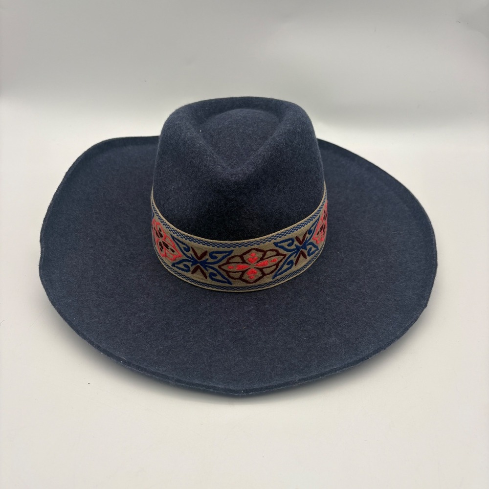 Olive & Pique Navy Blue Wool Felt Wide Brim Fedora Hat Embroidered Band